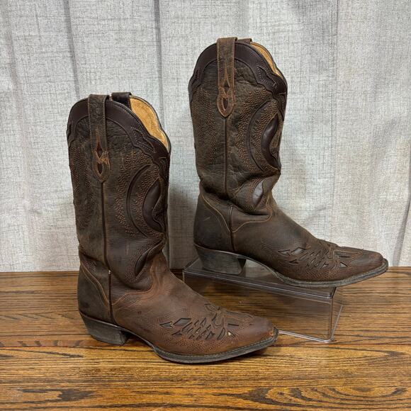 J.B. Dillon Women’s 9.5 B Cowboy Boots Brown Leather Cross Inlay Snip Toe Mexico - Picture 1 of 8